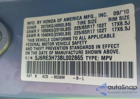 2011 Honda Cr-V Ex-L from USA, damaged, VIN 5J6RE3H73BL002865